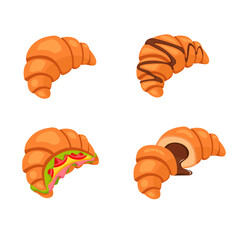 Fresh croissant with hot chocolate, sliced croissant with chocolate, croissant sandwiches, croissant icon. Vector illustration.