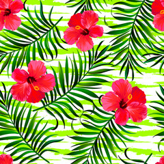 Beautiful seamless vector  summer pattern background with tropical palm leaves and hibiscus. Template for wallpapers, web page backgrounds, surface textures, textile.