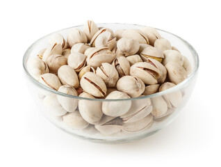 Salted pistachios in glass bowl isolated on white background with clipping path