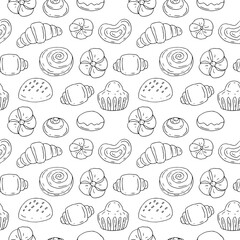 Seamless pattern bakery products, vector illustration, sketch