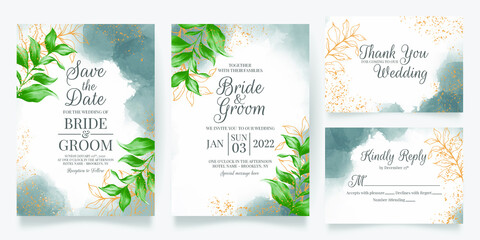 Fototapeta na wymiar watercolor creamy wedding invitation card template set with golden floral decoration 