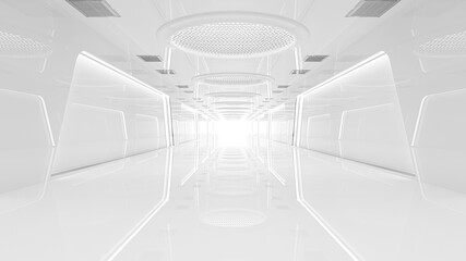Spaceship or science lab, sci-fi corridor white color , 3D render.