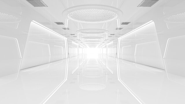 Spaceship or science lab, sci-fi corridor white color , 3D render.