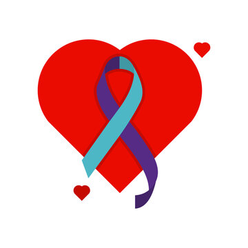 Teal purple ribbon on a red heart. Concept of suicide prevention and awareness. Flat style illustration. Isolated. 