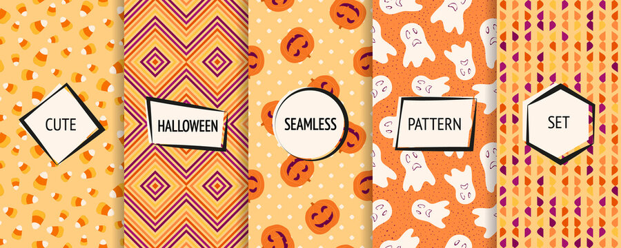 Halloween seamless patterns collection. Vector set of funny background swatches with modern labels. Cute abstract textures with pumpkins, ghosts, candy corn, lines, dots. Design for kids, decor, print