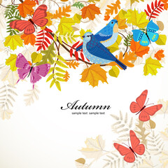 vintage greeting card with couple of blue birds on branch of aut
