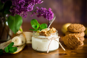 sweet homemade yogurt with fresh bananas and slices of oatmeal cookies
