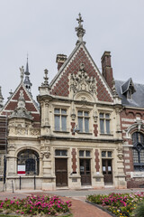Obraz premium Architectural fragments of Benedictine Palace (Palais de la Benedictine, 1852) - neo-Gothic and neo-renaissance styles chateau. Fecamp, Seine-Maritime department, Haute-Normandie, France.