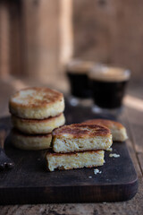 Tofu fritters with chocolate and coffee shot 