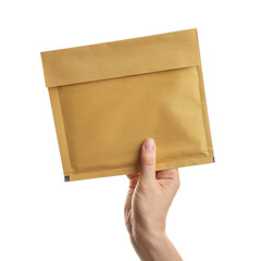 Woman holding kraft paper envelope on white background, closeup