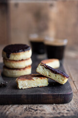 Tofu fritters with chocolate and coffee shot 