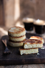 Tofu fritters with chocolate and coffee shot 