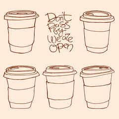 paper cup drink on the go cafe calligraphy we are open lettering coffee tea cover cardboard recycling vector line seamless sketch art