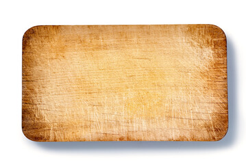  Top view of used  brown wooden cutting board on white background.