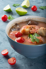 Tom Yam soup with shrimp. Thai soup with shrimp, coconut milk and pepper. Tom Kha Kai traditional Thai shrimp soup