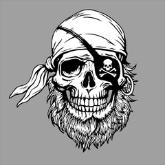 Pirate skull head in bandana and beard