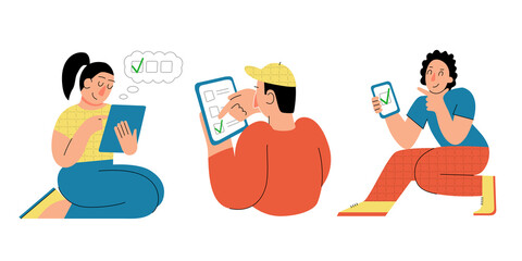 People voting online by smartphone and tablet. Elections, social poll, rating vector flat style illustration.