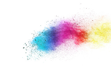 Colorful powder explosion on white background. Colored cloud. Colorful dust explode. Indian festival Holi