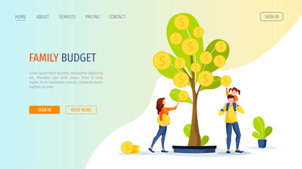 Growing tree with coins. Young famil picking cash from the money tree. Profit, income, making money, financial success, investment, family budget concept. Vector illustration for banner, website.