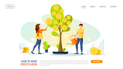 Growing tree with coins. Woman picking cash and man watering the money tree. Profit, income, making money, financial success, investment concept. Vector illustration for banner, poster, website.