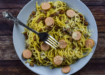 spaghetti hot dogs beans