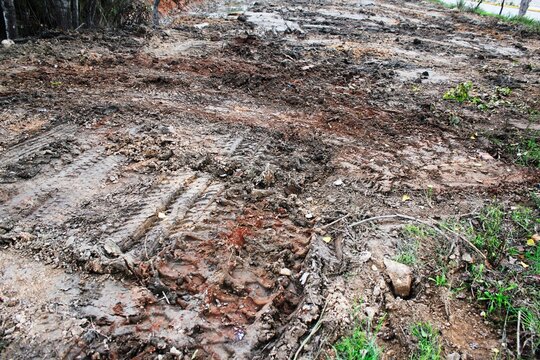 Surface covered with mud after stream overflow in the outskirts of Athens in Attica, Greece.