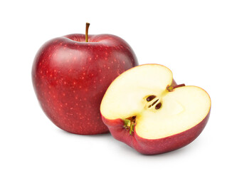 Fresh red Apple fruit with cut in half isolated on white background with clipping path.