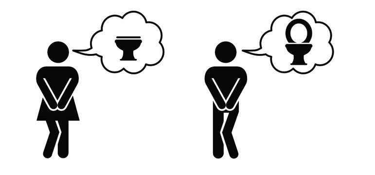 Piss stress. Woman and man standing and want to pee. Closed WC. Stressed people wants to urinate. Persons holding his bladder. Toilet or restroom.