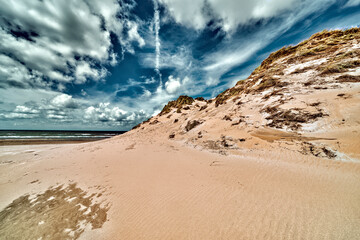 Dutch  dunes, grown with Beach Grass, taken with a wide angle on a sunny cloudy day..