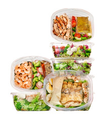 Various types of salad in a studio setting, isolated on white