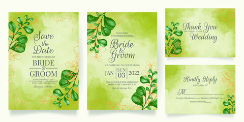 watercolor creamy wedding invitation card template set with golden floral decoration 