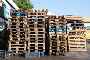 Pallets stacked outside a warehouse in Athens, Greece, November 8 2019.