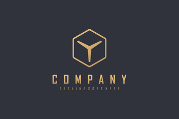 Abstract Initial Letter Y Logo. Gold Geometric Shape Y Icon Arrow Style with Hexagon Line Frame on Black Background. Usable for Business and Branding Logos. Flat Vector Logo Design Template Element.