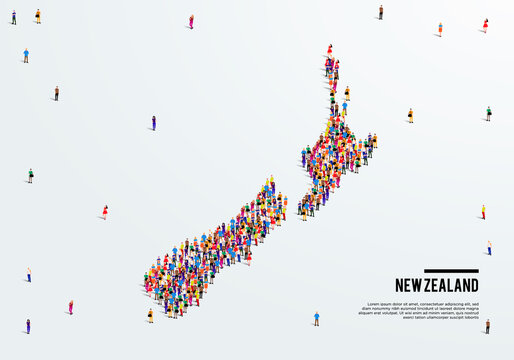 New Zealand Map. Large Group Of People Form To Create A Shape Of New Zealand Map. Vector Illustration.