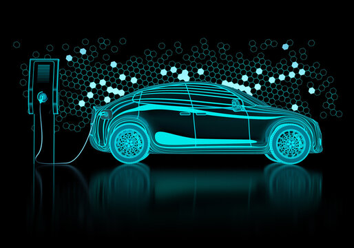Computer generated cad model of electric car at charging station made from digital lines and mesh on black background. 3d render.