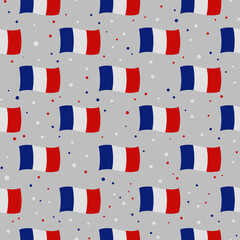 This is a seamless pattern of the flag France on a gray background. Could be used for flyers, postcards, banners, gift paper, holiday, etc.