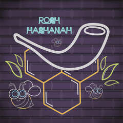 Rosh Hashanah neon poster with a tobacco pipe - Vector