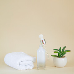 Obraz na płótnie Canvas Cosmetic blank clear glass serum bottle next to plant and towel
