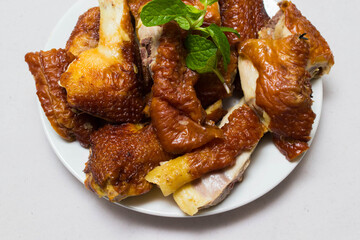 Roast Chicken Chinese Style ,selective focus , blur background , on white background