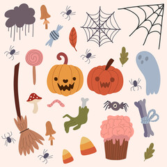 Halloween set of pumpkin, spider, spider web, cupcake brains, candy, sweets, broom, ghost, cut off hand. Vector hand drawn illustration.