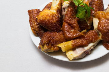 Roast Chicken Chinese Style ,selective focus , blur background , on white background