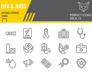 HIV and AIDS line icon set, healthcare collection, vector sketches, logo illustrations, HIV icons, medicine signs linear pictograms, editable stroke.