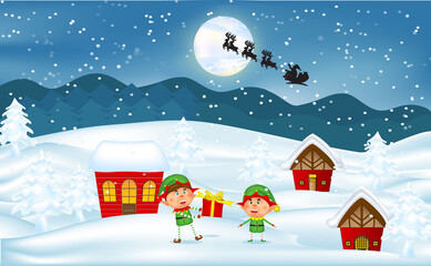 Merry Christmas! Happy Christmas companions. Santa Claus, ,Reindeer and elf in Christmas snow scene of Vector