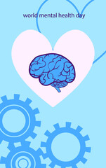 
Stylized poster design for world mental health day. Image of a brain surrounded by gears and a heart in blue hues. EPS10

