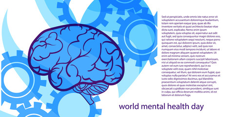 
Stylized poster design for world mental health day. Image of a brain surrounded by gears and a heart in blue hues. EPS10

