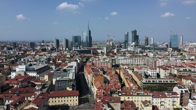 Europe, Italy , Milanaugust 2020 - Drone aerial view of the new skyline with skyscrapers view from Brera district in downtown of the city after Covid-19 Coronavirus lockdown