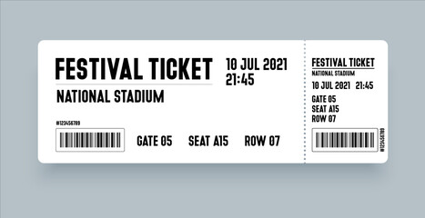 Festival ticket template. Modern style ticket design for entrance. Vector ticket for festival, event, party, cinema, theater, concert, play.