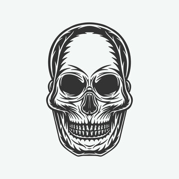 Vintage retro woodcut antique scary skull. Can be used like emblem, logo, badge, label. mark, poster or print. Monochrome Graphic Art. Vector Illustration..