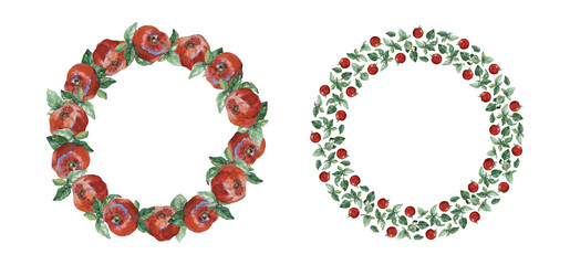 Set of two round frames with red tomatoes and green basil twigs and leaves, isolated on white. Watercolour illustration. For cards, invitations, recipe, menu, cookbook and packaging design.