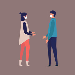 Fototapeta premium man woman in masks talking. Social Distancing, People keeping distance for infection risk and disease ,wearing a surgical protective Medical mask for prevent virus Covid-19. Health care concept. flat